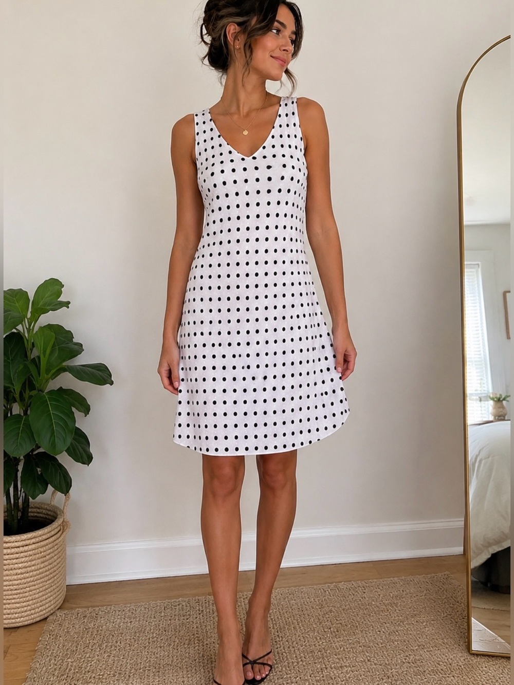 CHARLIE B White Polka Dot Midi Dress with Black Dots